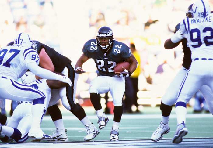 Nov 21, 1999; Philadelphia, PA, USA; FILE PHOTO; Philadelphia Eagles running back Duce Staley (22) carries the ball against the Indianapolis Colts at Veterans Stadium. Mandatory Credit: Lou Capozzola-USA TODAY NETWORK